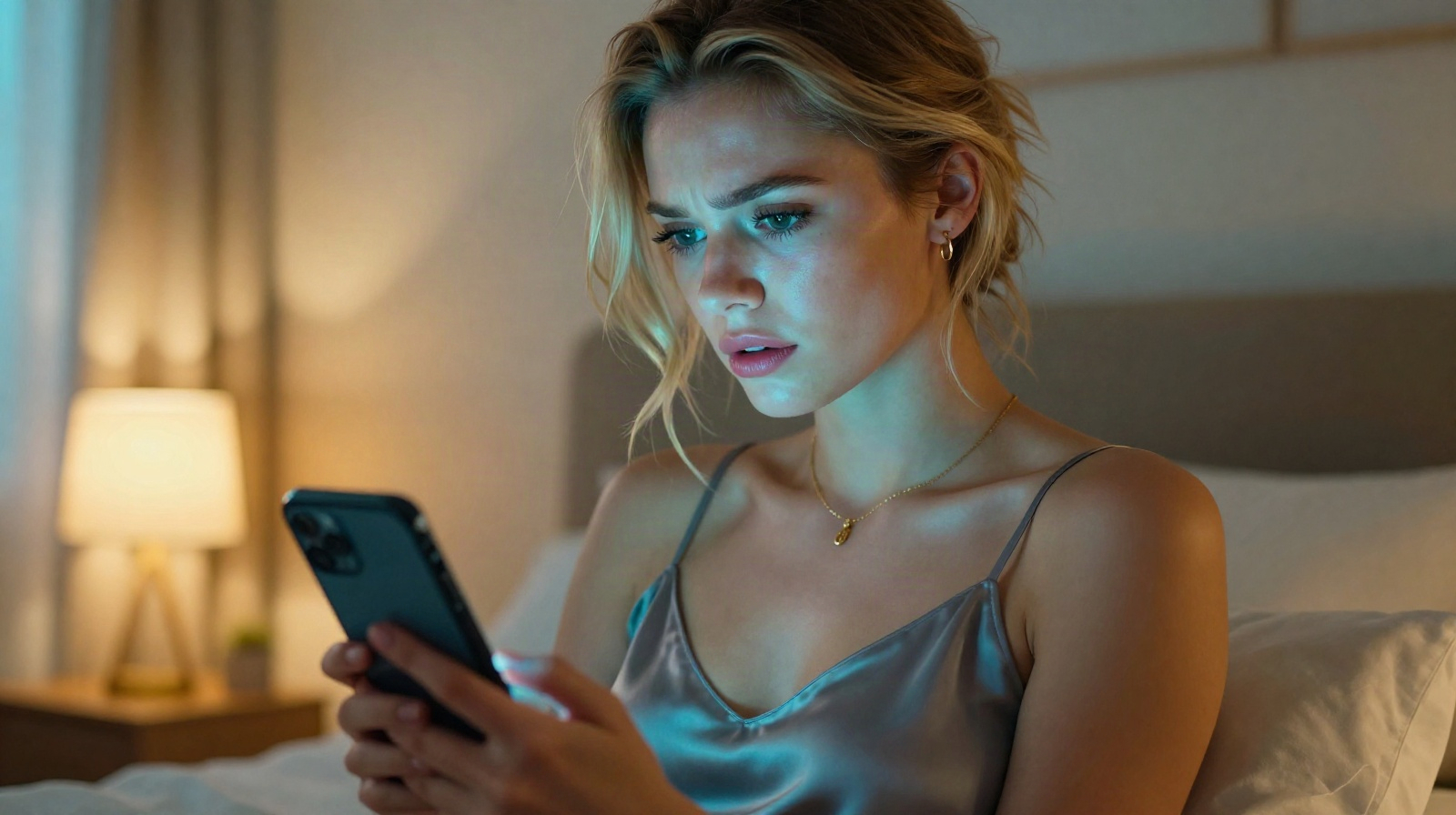 Женщина с тревожным выражением лица держит смартфон с видеозвонком в тёмной комнате