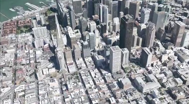 В настоящее время Google использует самолеты для полетов над столичными районами и получения реальных изображений городских структур, а затем использует эти изображения для создания фотореалистичных трехмерных изображений городских пейзажей, как на изображении Сан-Франциско ниже